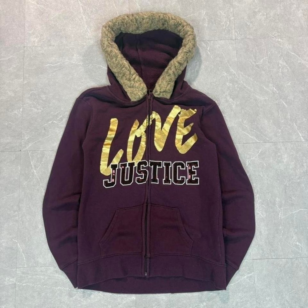 Justice burgundy zip up hoodie with fur collar Size small #y2K #Fur